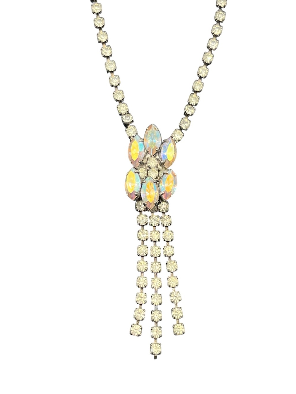 1950’s aurora borealis rhinestone waterfall dangle silver tone vintage necklace